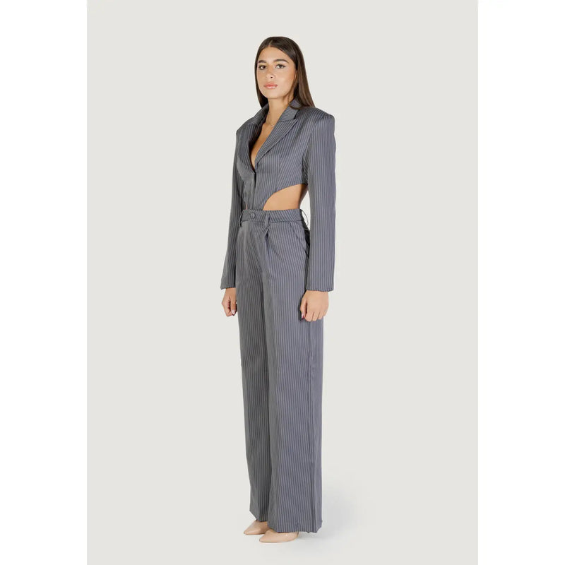 Colcci women grey striped jumpsuit in polyester with a v neck, featuring a stylish gray pinstripe cropped blazer and wide-leg trousers