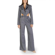 Colcci women grey striped two-piece polyester suit with cropped blazer cut-out sides and wide-leg trousers