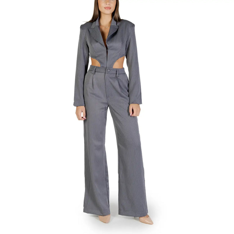 Colcci women grey striped two-piece polyester suit with cropped blazer cut-out sides and wide-leg trousers