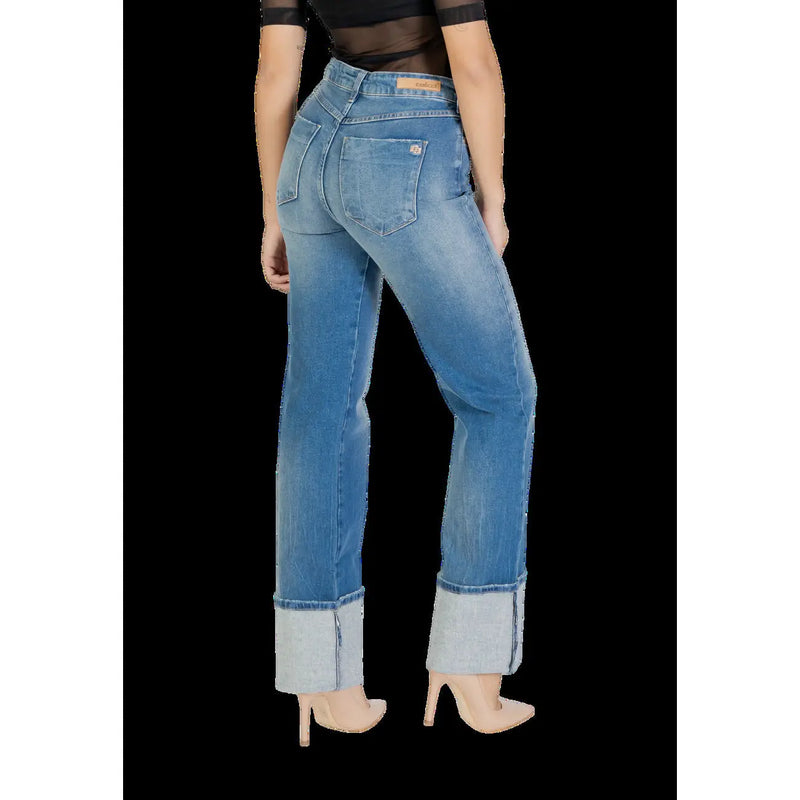 Back side of colcci women jeans blue cotton slim fit trousers with medium-wash denim and rolled cuffs
