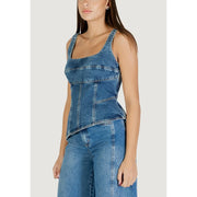 Blue denim corset top with square neckline and visible stitching details by Colcci women light blue square neck strap top