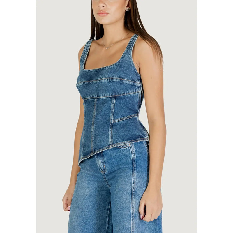 Blue denim corset top with square neckline and visible stitching details by Colcci women light blue square neck strap top