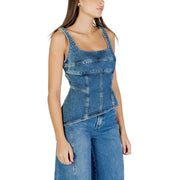 Colcci women light blue denim corset-style tank top with visible stitching and square neckline article 036.11