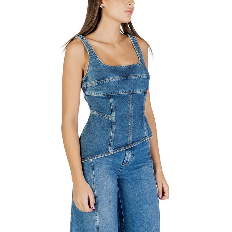 Colcci women light blue denim corset-style tank top with visible stitching and square neckline article 036.11