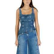 Colcci women light blue denim corset top with square neckline and structured seams article 036.11