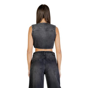 Colcci women sleeveless dark gray denim crop top with round neck and visible stitching details