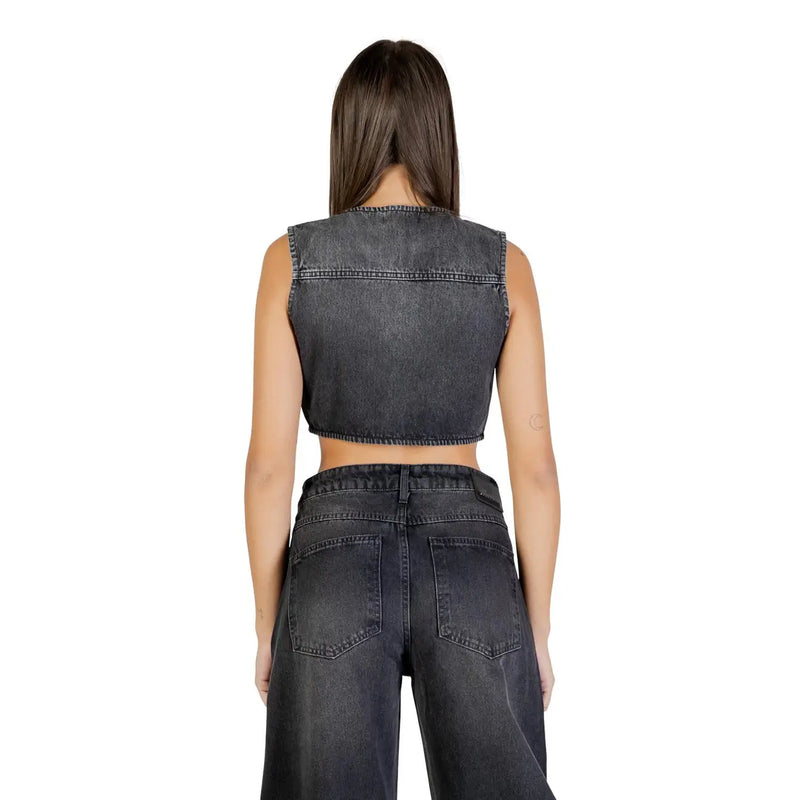 Colcci women sleeveless dark gray denim crop top with round neck and visible stitching details