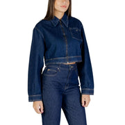 Dark blue denim cropped jacket by Colcci for women with a front zipper and chest pocket for casual wear