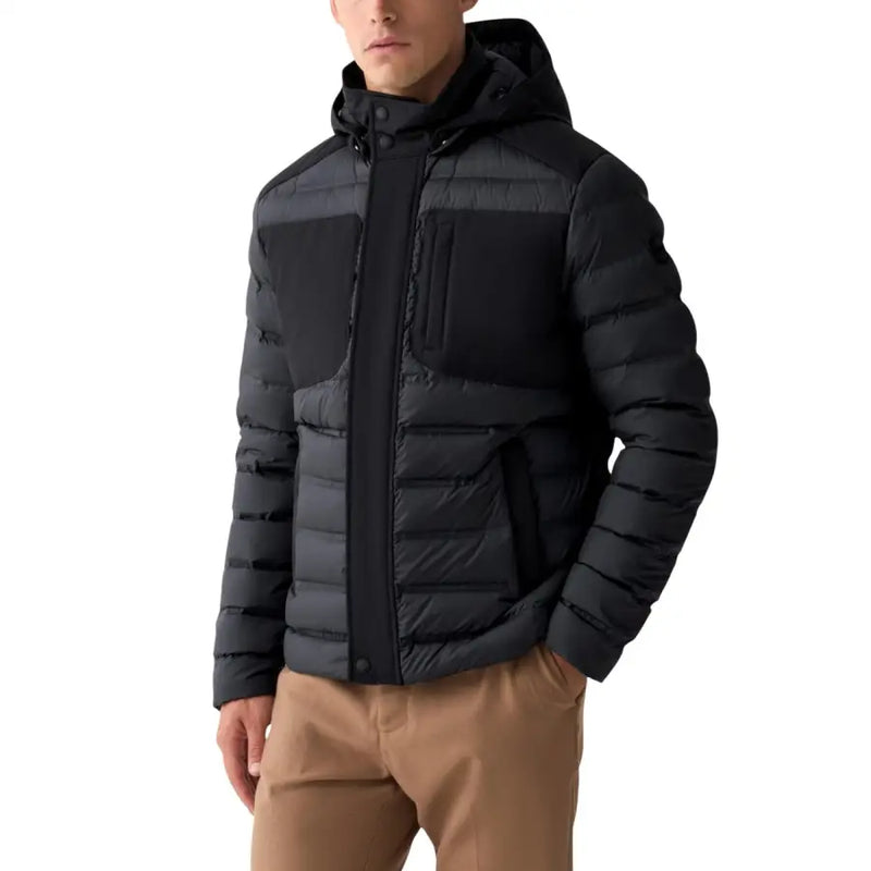 Black down jacket with hood and pockets, popular brand north face model nuptse ii