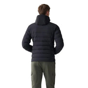 Black puffer jacket with hood and quilted design, likely made of synthetic material for warmth.