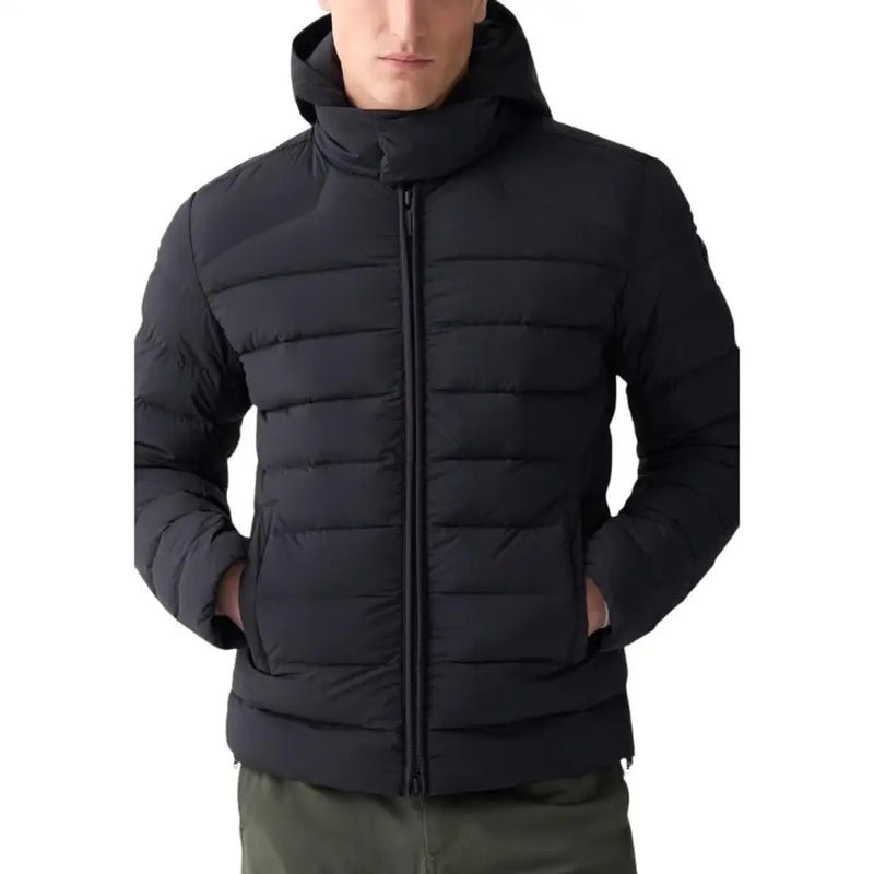 Black quilted down jacket with hood and zipper closure.