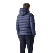 Blue down jacket with hood and quilted pattern, likely from patagonia.