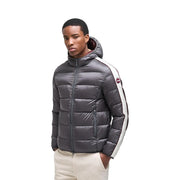 Doudoune Colmar Originals pour homme, gris foncé avec bande blanche sur la manche et logo rouge sur la manche, vue de profil
