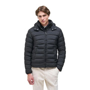 Colmar Originals puffer jacket for men in black quilted fabric with hood and front zipper, front view