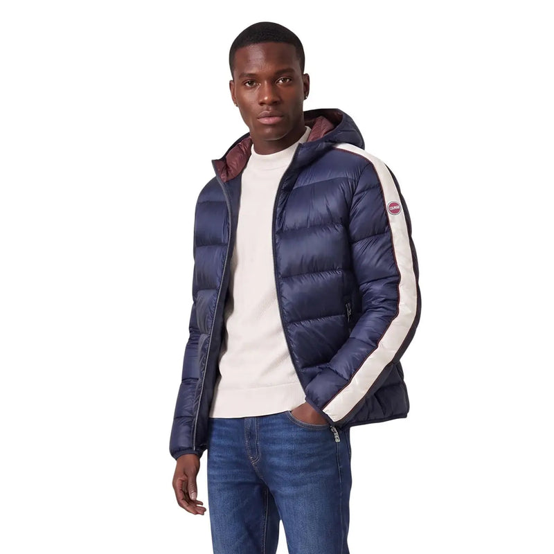 Doudoune Colmar Originals pour homme, bleu marine à rayures blanches et capuche doublée bordeaux, vue de face