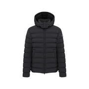 Colmar Originals puffer jacket for men in black quilted fabric with hood and subtle sleeve logo, front view
