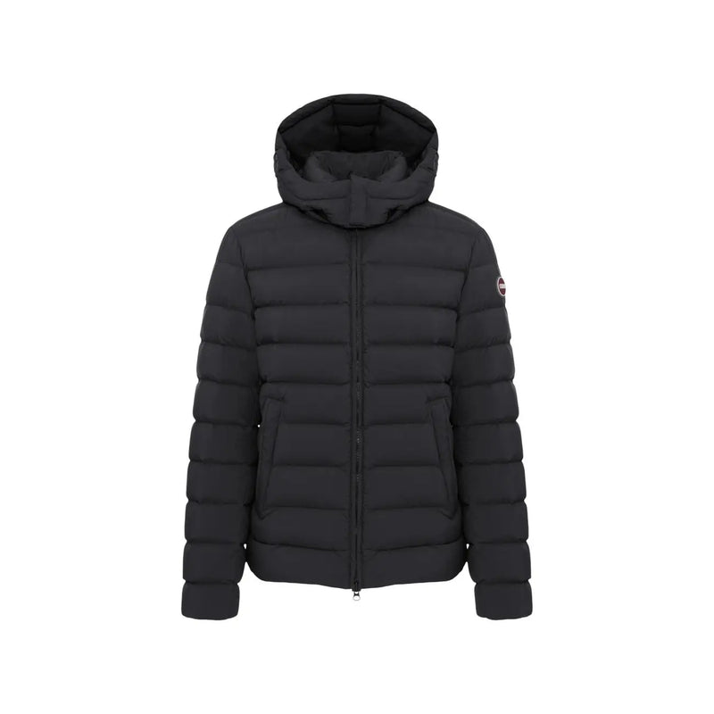 Colmar Originals puffer jacket for men in black quilted fabric with hood and subtle sleeve logo, front view