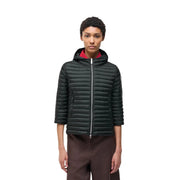 Colmar originals women black quilted nylon hooded jacket with red inner lining and silver zipper details