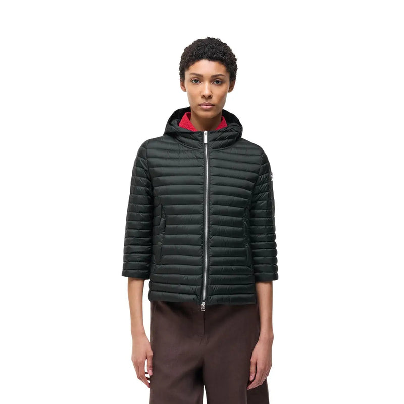Colmar originals women black quilted nylon hooded jacket with red inner lining and silver zipper details