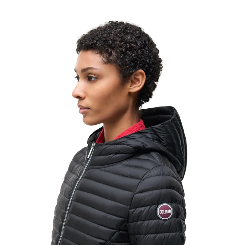 Colmar originals women black nylon quilted puffer jacket with hood red inner lining and brand logo on sleeve