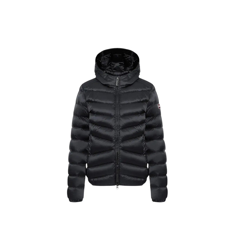 Schwarze, gesteppte Damenjacke von Colmar Originals mit Kapuze, glänzendem, wasserabweisendem Obermaterial und dezentem Ärmellogo