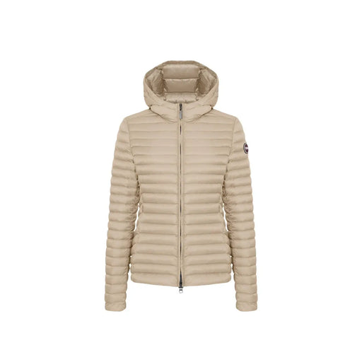 Veste à capuche Colmar Originals pour femme, en nylon beige, avec surpiqûres horizontales et petit logo sur la manche gauche.