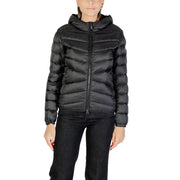Women’s black hooded puffer jacket with chevron quilting and front zipper closure