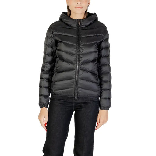 Women’s black hooded puffer jacket with chevron quilting and front zipper closure