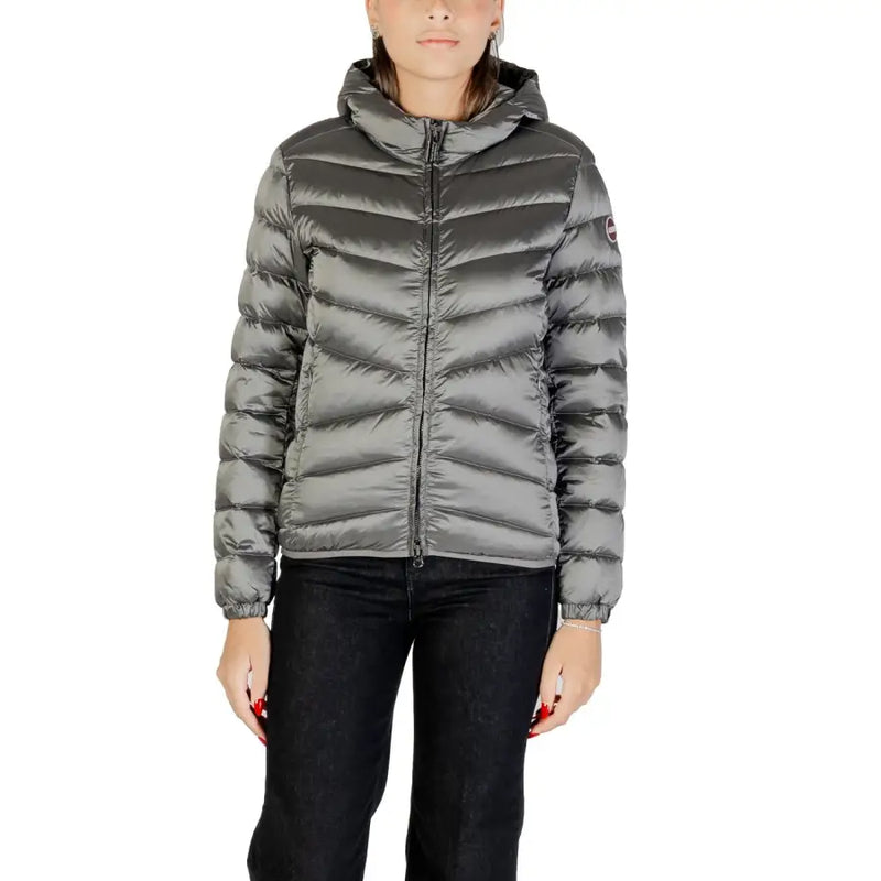Women’s shiny dark grey hooded puffer jacket with front zipper from Colmar Originals