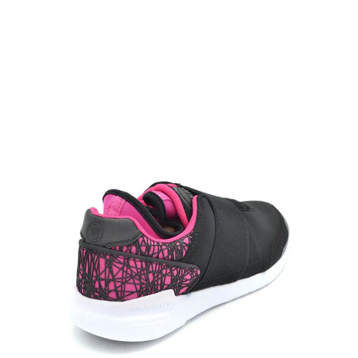 Rückansicht von Colmar Damen-Sneakers aus Nylon, schwarz mit pinkfarbenen Akzenten, geometrischem Mesh-Fersenbereich, Klettverschlüssen und weißer Sohle