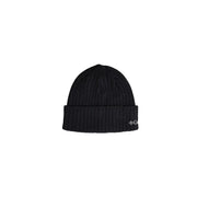 Columbia cap beanie for men in black ribbed knit with folded cuff and small white logo, side view