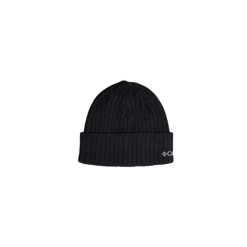Columbia cap beanie for men in black ribbed knit with folded cuff and small white logo, side view