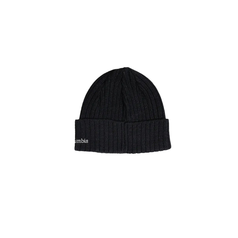 Columbia cap ribbed knit beanie for men in black with folded cuff and white embroidered logo, side view