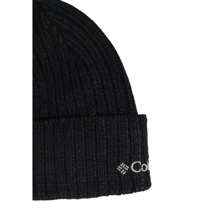 Columbia cap black ribbed knit beanie with folded cuff and white embroidered logo, front view