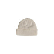 Cream-colored ribbed beanie hat with folded cuff.