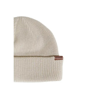 Beige ribbed knit beanie with brown leather patch and logo.