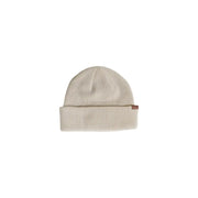 Cream-colored beanie with ribbed texture and brown leather patch on the brim.