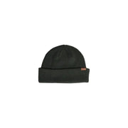Black ribbed beanie with a red logo patch on the front.