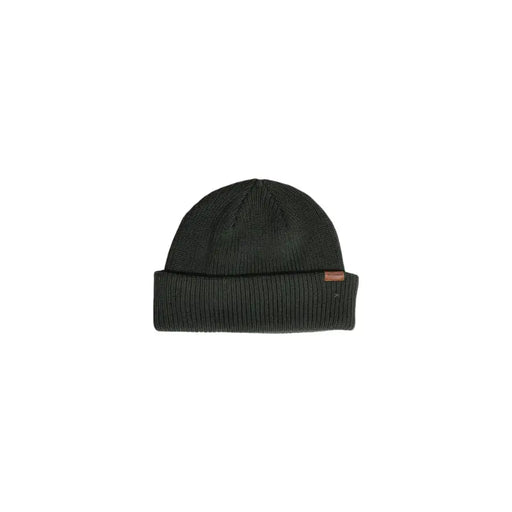 Black ribbed beanie with a red logo patch on the front.