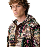Columbia men brown fleece hoodie with colorful geometric pattern in brown green pink beige polyester fabric