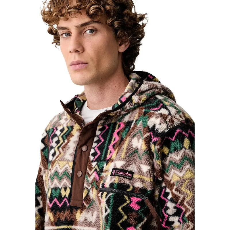 Columbia men brown fleece hoodie with colorful geometric pattern in brown green pink beige polyester fabric