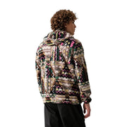 Columbia men brown fleece hoodie polyester with vibrant pink green beige and black geometric pattern and hood