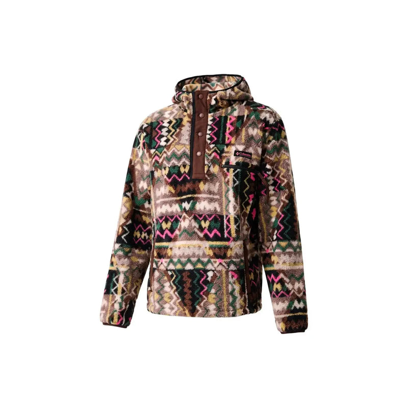 Columbia men brown fleece hoodie with vibrant geometric polyester pattern and dark brown front placket