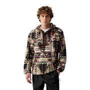 Columbia men brown fleece hoodie with vibrant geometric pattern in earthy tones and polyester fabric