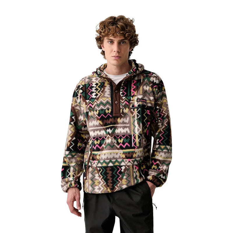 Columbia men brown fleece hoodie with vibrant geometric pattern in earthy tones and polyester fabric