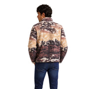 Columbia men fleece sweatshirt brown hooded polyester with fleece lining and mountain landscape print in earthy tones
