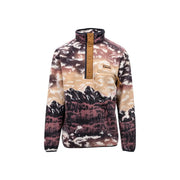 Columbia men fleece sweatshirt brown hooded polyester pullover with scenic mountain print in beige purple and black