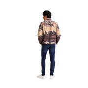 Columbia men fleece sweatshirt brown hooded polyester jacket with detailed mountain landscape print in earthy tones
