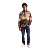 Columbia men fleece sweatshirt brown hooded polyester with mountain landscape print tan button placket and chest pocket