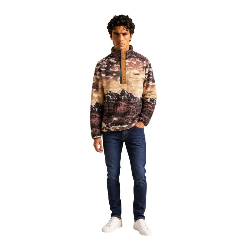 Columbia men fleece sweatshirt brown hooded polyester with mountain landscape print tan button placket and chest pocket